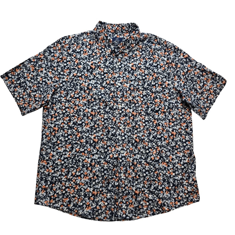George Floral‎ Button Down Shirt Classic Fit Navy Orange XL